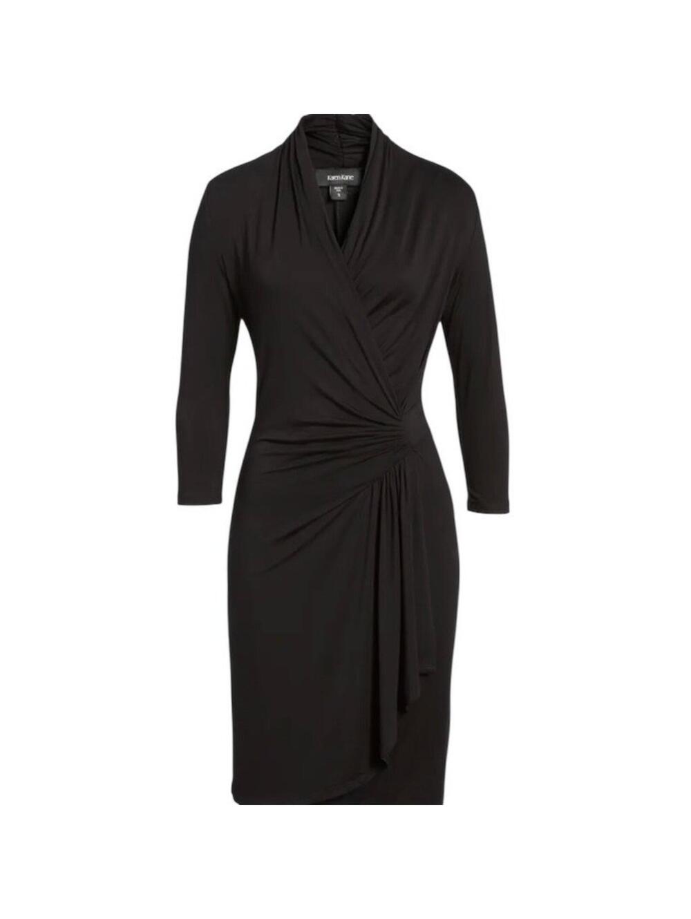 Karen Kane Black Faux Wrap Ruched Cascade Jersey Dress Midi Size XL